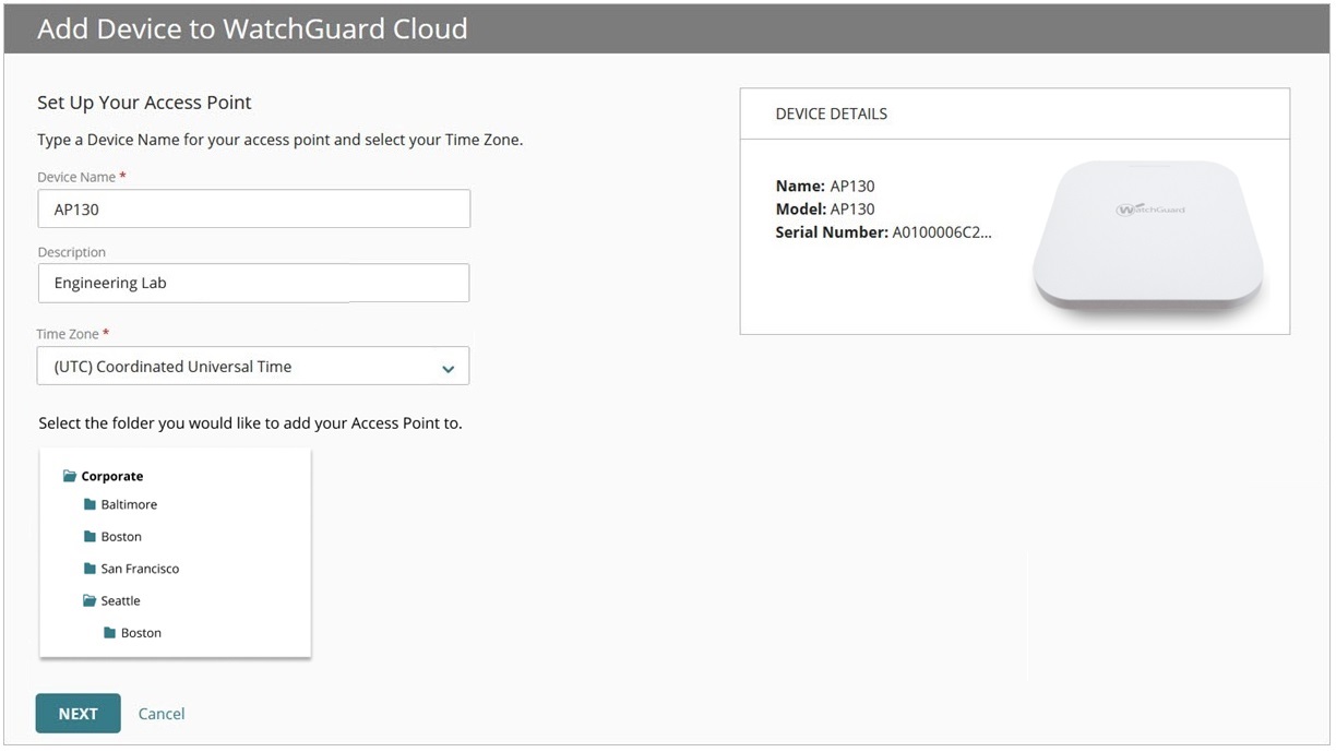 Screen shot of the Add Device To WatchGuard Cloud page for an access point