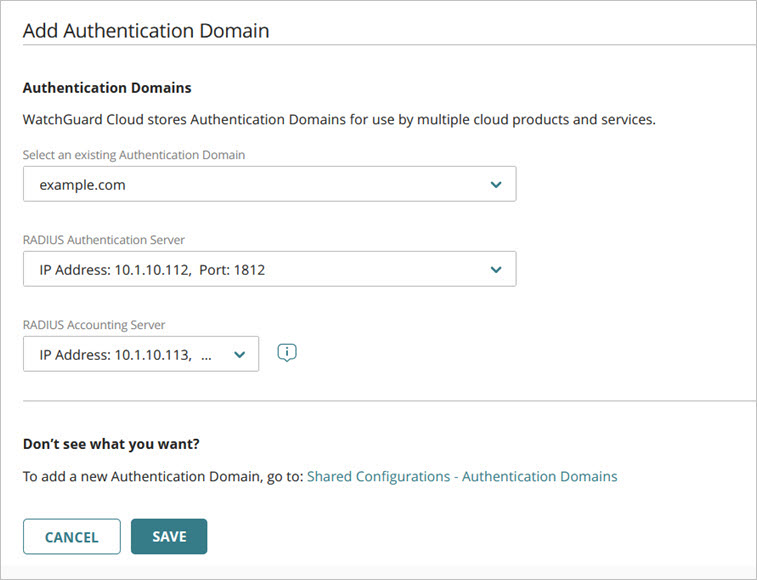 Screen shot of the Add Authentication Domain page for access points in WatchGuard Cloud