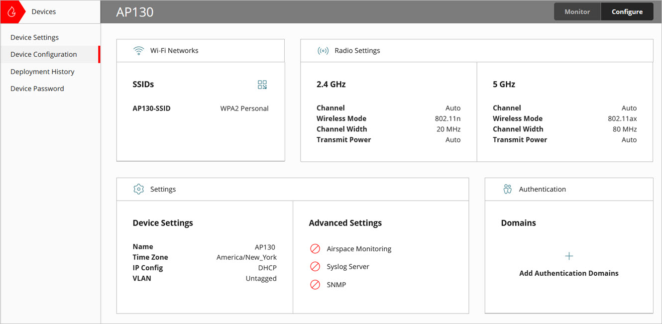 Screen shot of the main Device Configuration page for access points in WatchGuard Cloud