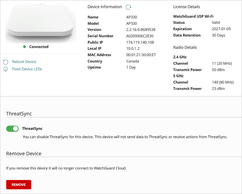 Screen shot of the Device Settings page for an AP in WatchGuard Cloud