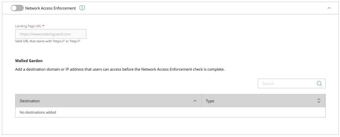 Screen shot of the Network Access Enforcement configuration in an SSID in WatchGuard Cloud