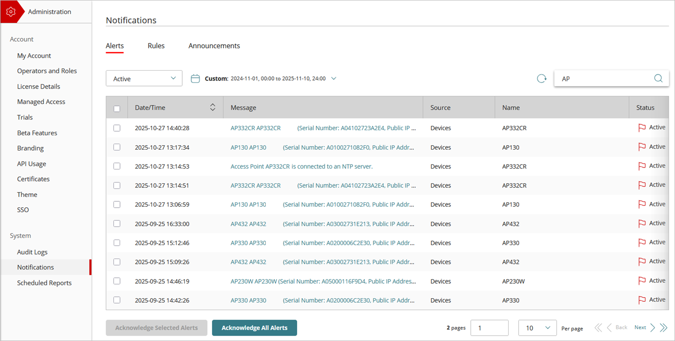 Screen shot of the notifications page filtered for access point notifications