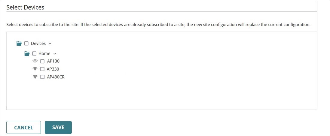 Screen shot of the Select Devices page to subscribe devices to an Access Point Site