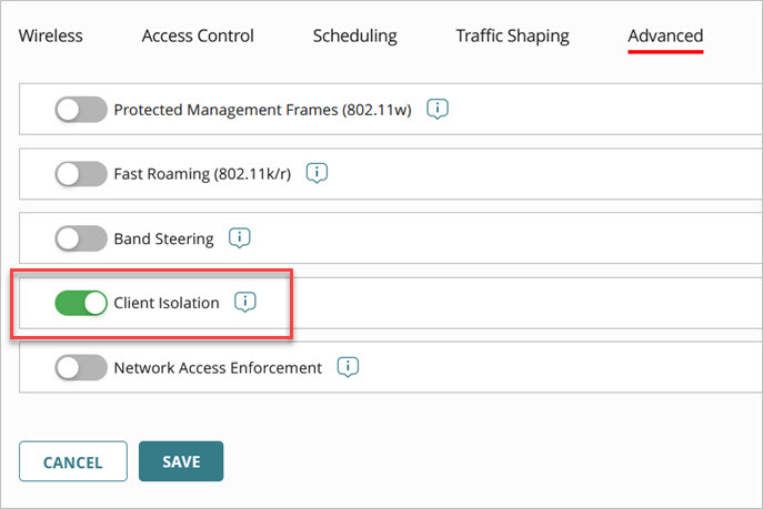 Screen shot of the SSID advanced settings for an access point - Client Isolation