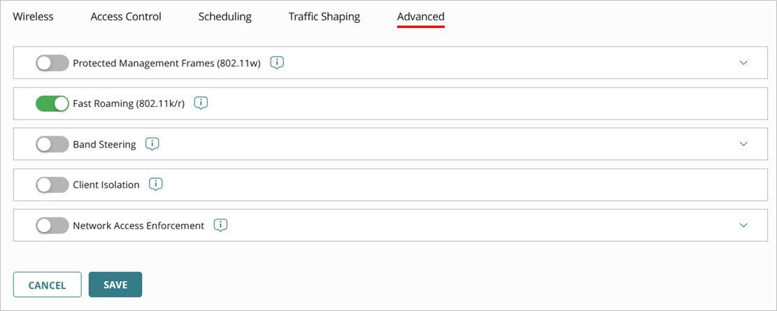 Screen shot of the SSID advanced settings for an access point - Fast Roaming