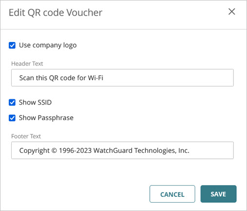 Screen shot of the Edit QR Code Voucher settings in the SSID configuration for an access point