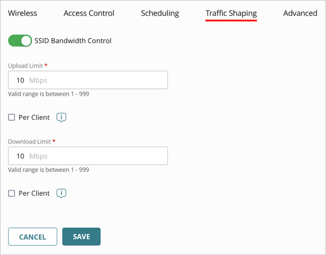 Screen shot of the SSID traffic shaping settings for an access point