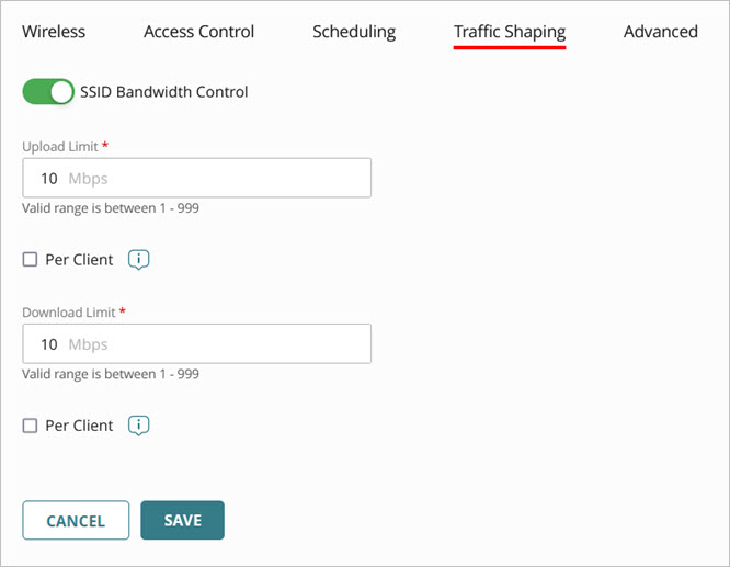 Screen shot of the Traffic Shaping settings in the SSID configuration