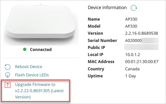 Screen shot of the AP device summary page with the upgrade firmware action highlighted