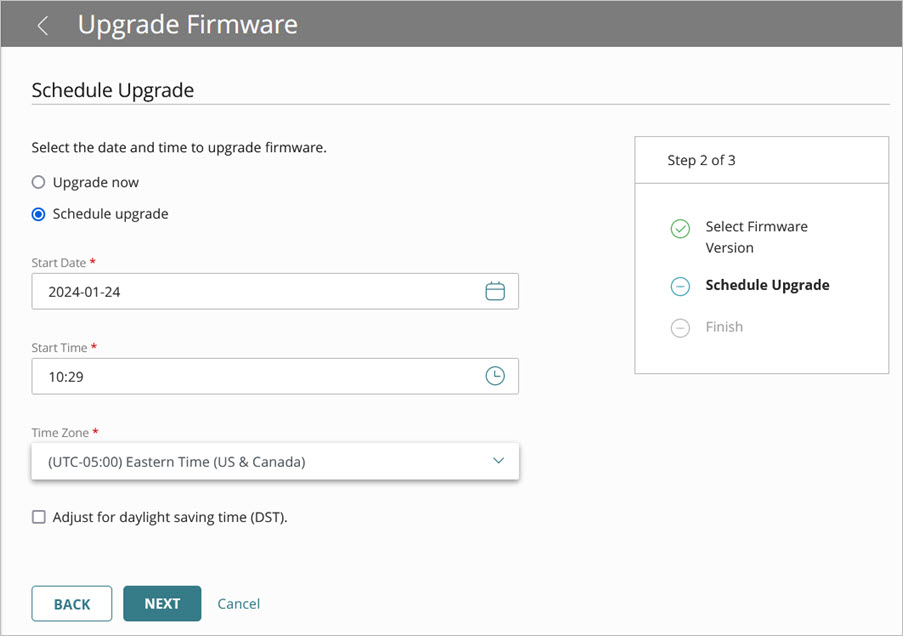 Screen shot of Upgrade Firmware wizard, Schedule Upgrade