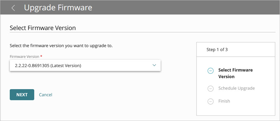 Screen shot of Upgrade Firmware wizard, Select Firmware Version