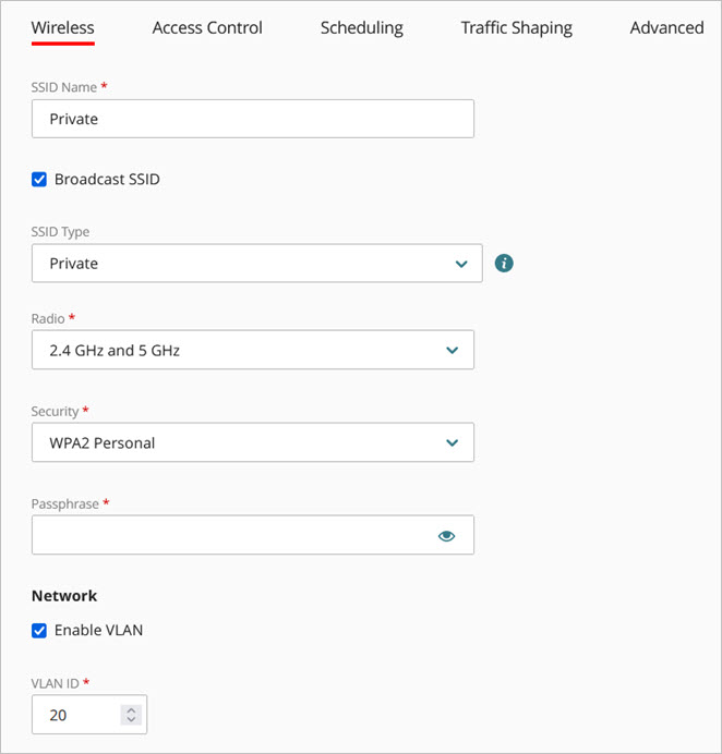 Screen shot of the VLAN configuration on an SSID in WatchGuard Cloud