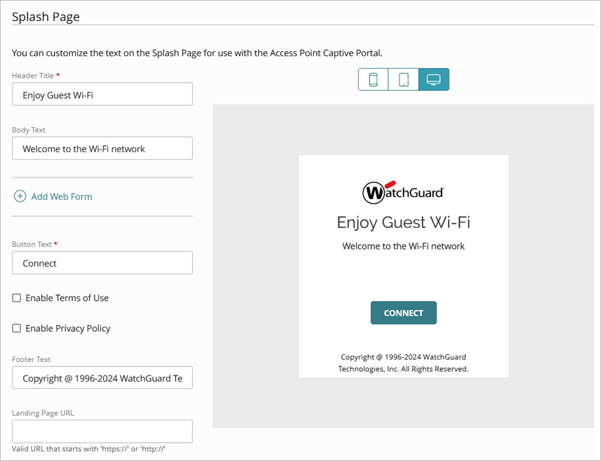 Screen shot of the Splash Page Text section of the WatchGuard Cloud Branding page