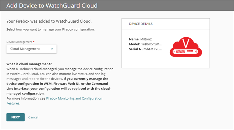 Screen shot of the Add Device page with the Cloud Management option selected