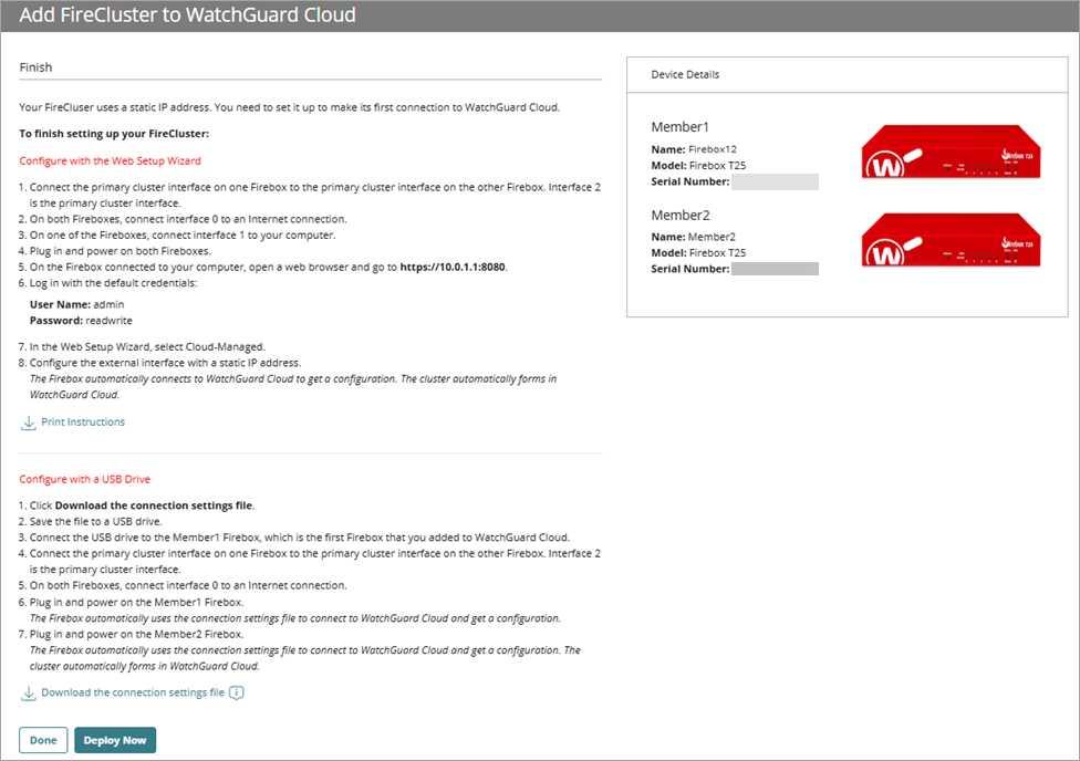Screenshot of the Finish page with Deploy Now in the Add Device wizard