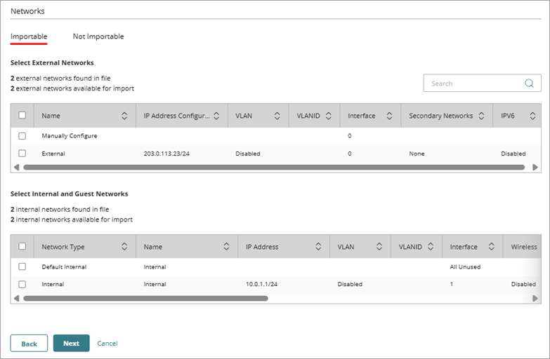 Screenshot of the Import Configuration wizard, Networks page