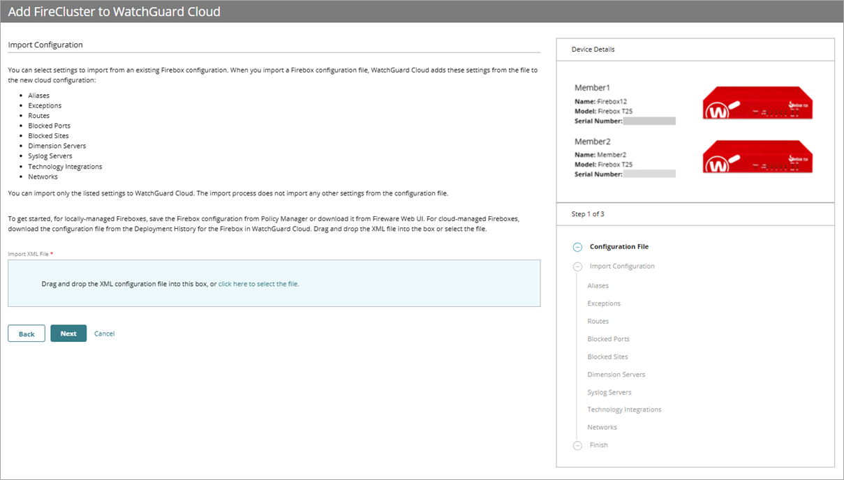 Screenshot of the Import Configuration page with the XML file upload box