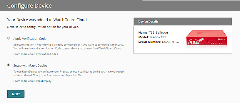 Screen shot of the Configure Device step with Setup with RapidDeploy option selected
