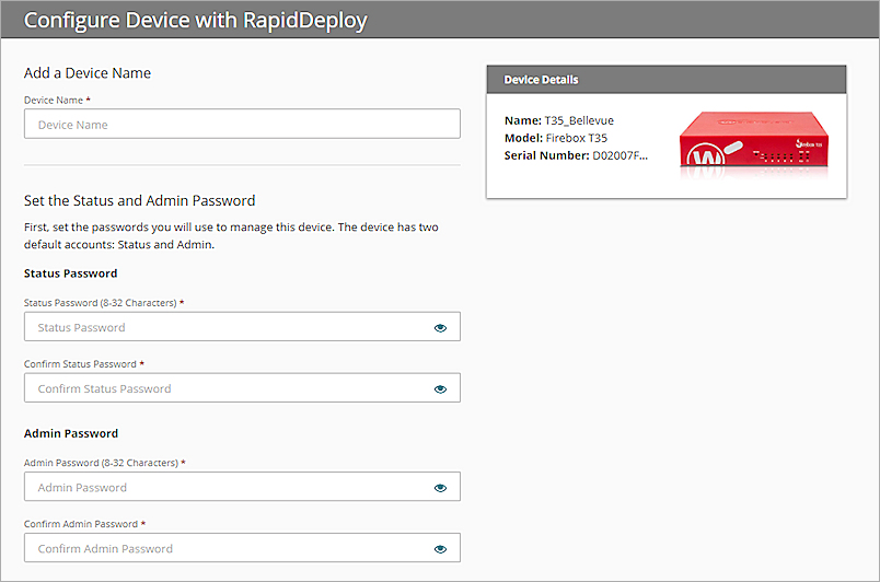 Screen shot of the Configure Device with RapidDeploy step