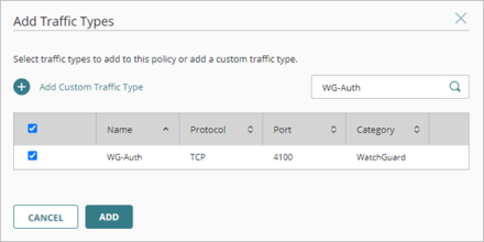 Screen shot of the Add Traffic Types page with WG-Auth selected