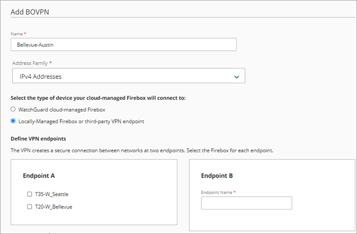 Screen shot of the Add BOVPN page with Locally-Managed Firebox or third-party VPN endpoint selected