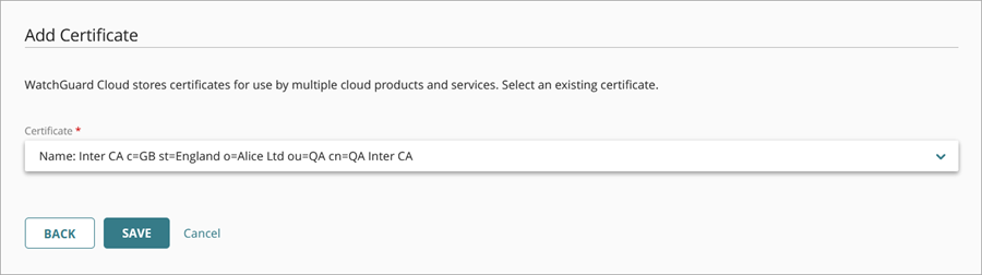 Screen shot of the certificate selection drop-down list