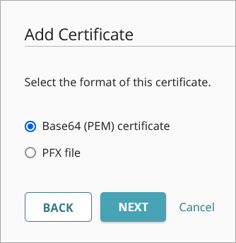 Screen shot of the certificate format options on the Add Certificate page