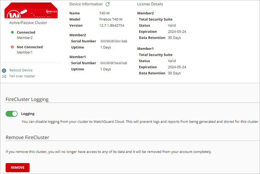 Screen shot for FireCluster status information, FireCluster logging, and FireCluster removal