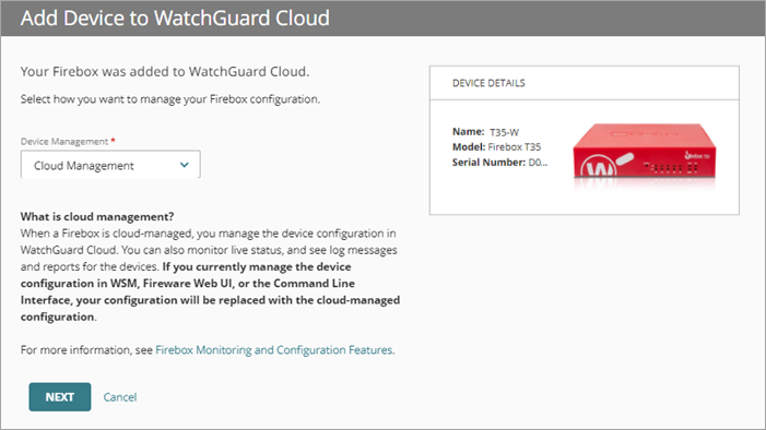 Screenshot of the Add Device page with the Cloud Management option selected