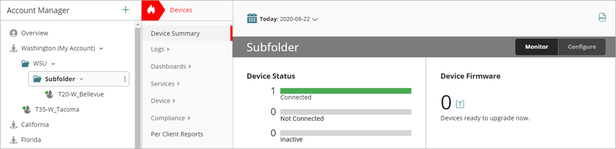 Screen shot of WatchGuard Cloud Monitor Devices page for a folder