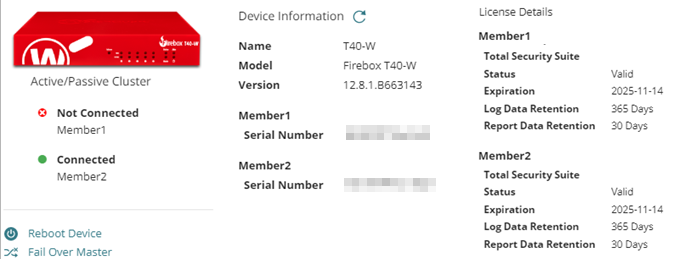 Screen shot of the device information and license details for a FireCluster