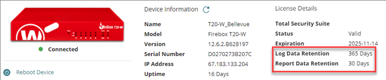Screenshot of the Device Settings page for a Firebox with a Data Retention license