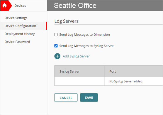 Screen shot of Device Configuration, Syslog server