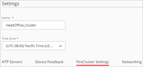 Screen shot of the Name and Time Zone settings for FireCluster