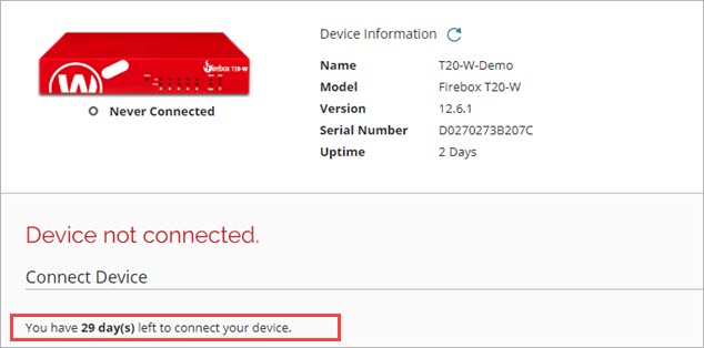 Screen shot of the Device Status page for a Firebox that has never connected