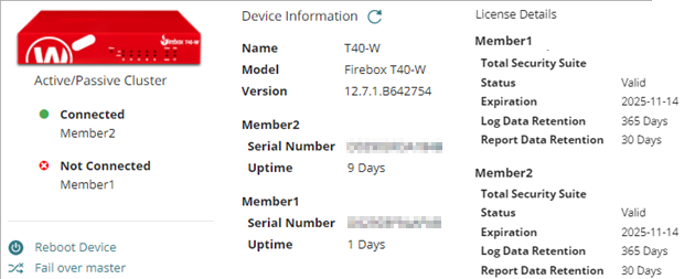 Screenshot of the Device Information page for an active/passive cluster
