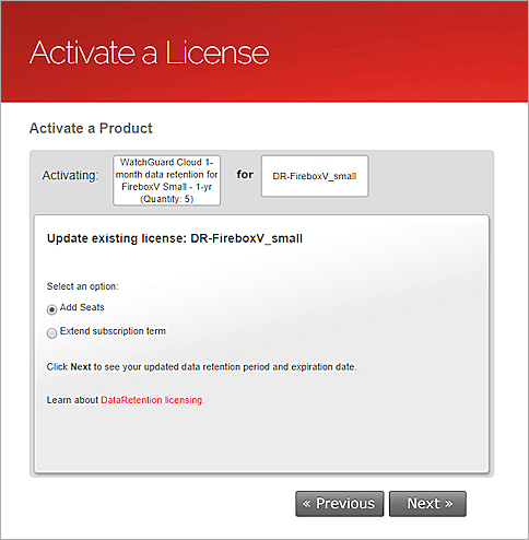 Screen shot of the Activate a License wizard, update existing license step