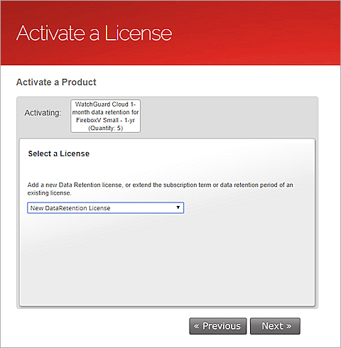 Screen shot of the Activate a License page with the New DataRetention License option selected