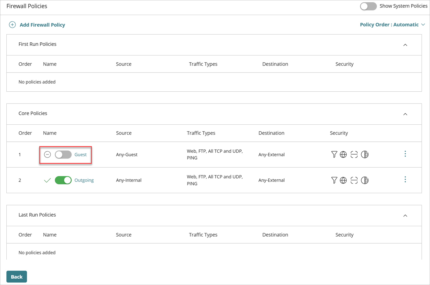 Screenshot of the Firewall Policies page with the enable/disable toggle highlighted in the list.