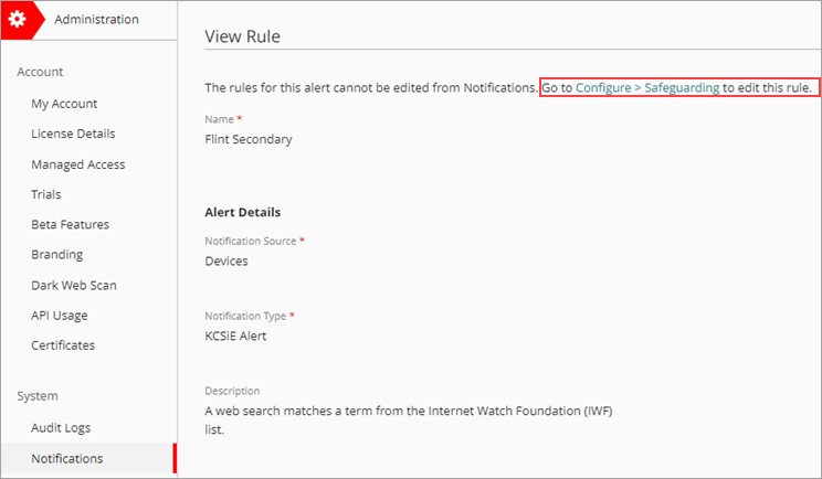 Screenshot of the View Rule page