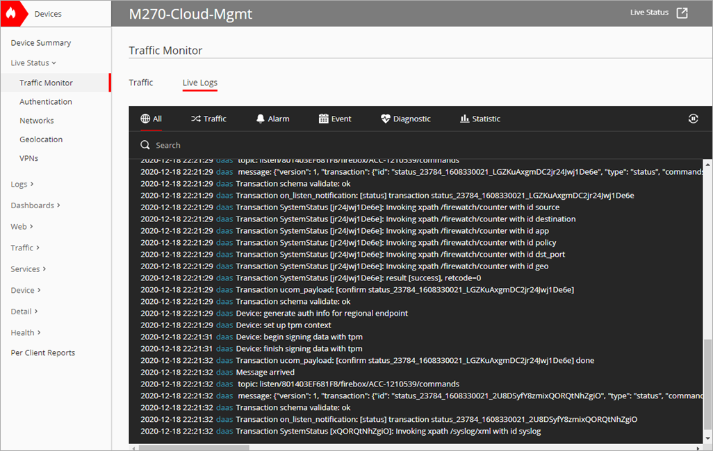 Screen shot of WatchGuard Cloud, Live Status, Traffic Monitor Live Logs