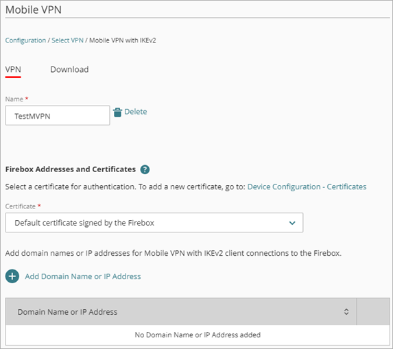 Screen shot of the Mobile VPN with IKEv2 certificate and client connection settings