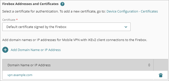 Screen shot of the Firebox Address section of the Mobile VPN configuration