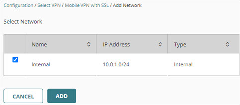 Screen shot of the Network settings in the Mobile VPN configuration