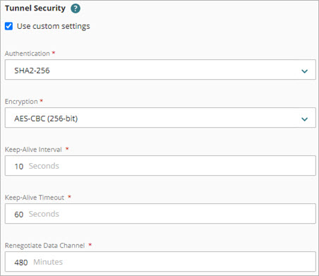 Screen shot of the Tunnel Security settings in the Mobile VPN configuration