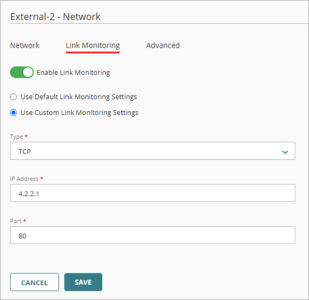 Screen shot of external network configured with custom TCP link monitoring target