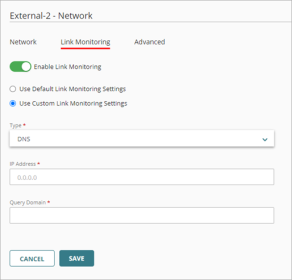 Screen shot of external network with Use Custom Link Monitoring Settings selected