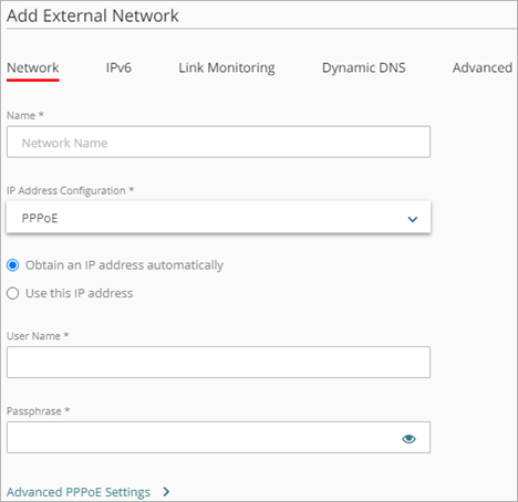 Screen shot of the PPPoE settings for an external network