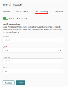 Screen shot of the Link Monitoring settings for an internal network, with TCP selected