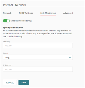 Screen shot of the Link Monitoring settings for an internal network
